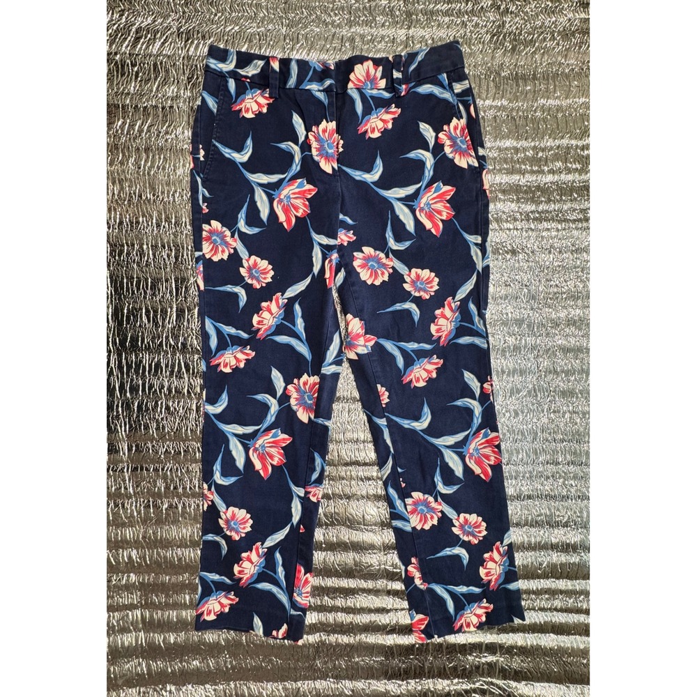 Lands End Navy Blue Floral Mid Rise Straight Leg Pants Womens 4 Stretch Cotton